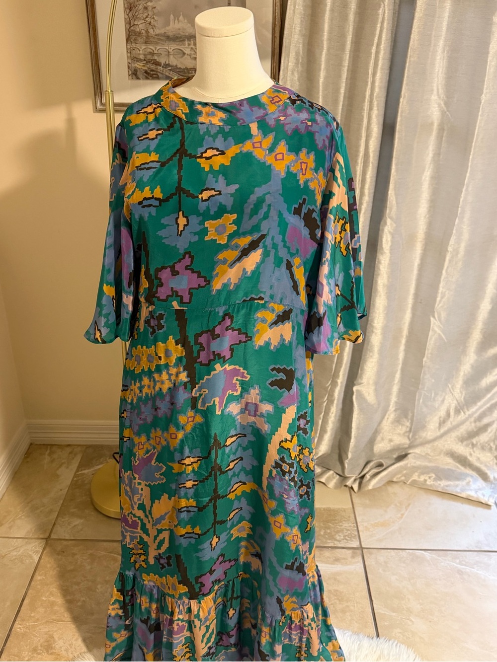 Oliphant Teal Green Floral Maxi Dress with Yellow & Purple Accents
